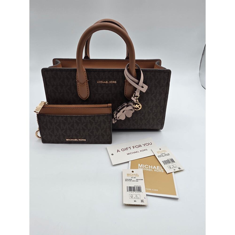Michael Kors Scarlett XS Satchel Brown MK Signature + Wallet Card Case Set NWT